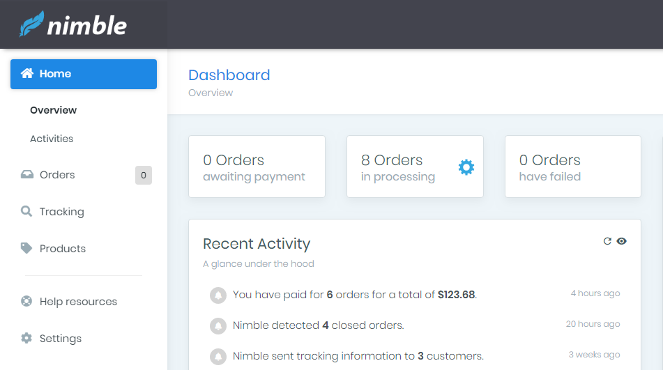 Screenshot of the Nimble dashboard